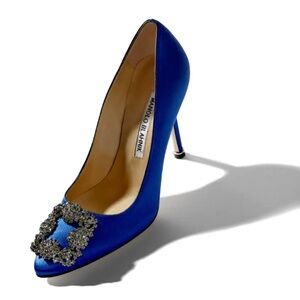 Manolo Blahnik Blue Satin Embellished Pumps